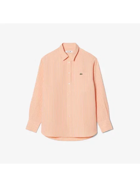 Lacoste Lniana Koszula W Paski Oversize pomarańczowa