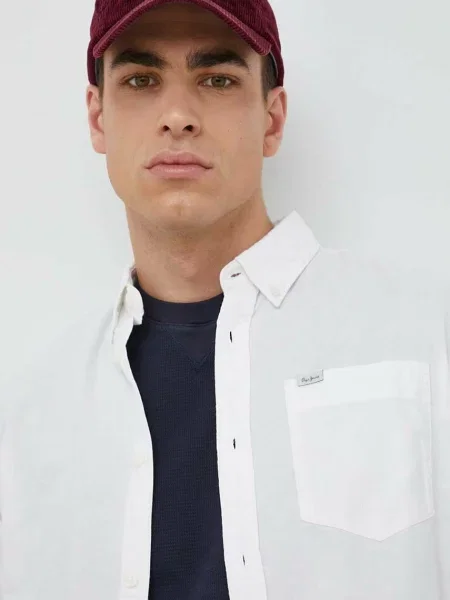 Риза Pepe Jeans Fabio Мъжка със стандартна кройка с яка с копче бяло