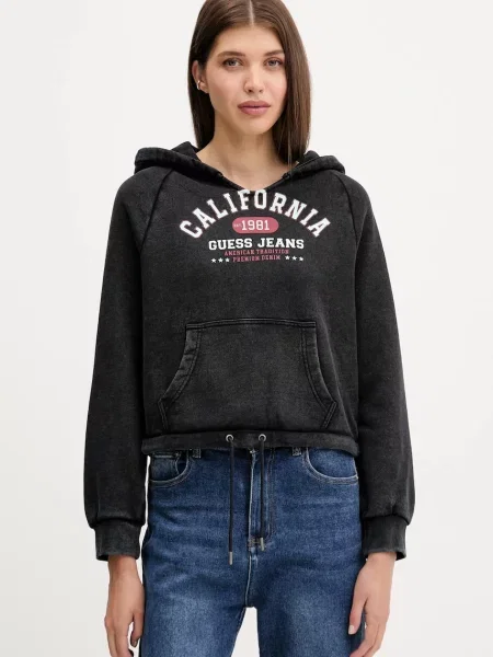 Guess Jeans bluza z kapturem z nadrukiem czarny