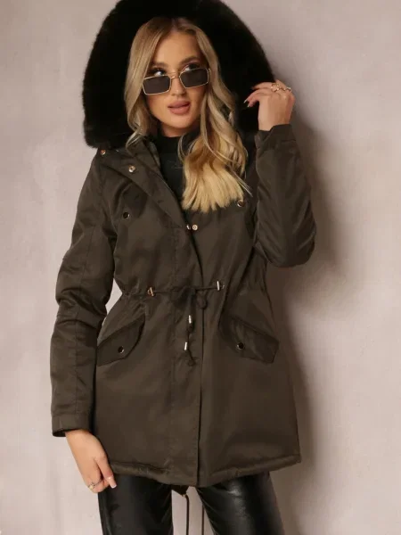 Jachetă parka închis cu glugă și blană decorativă Dioneta verde