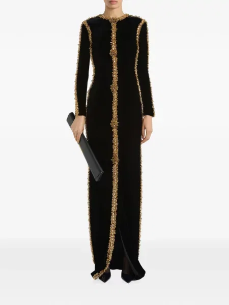 Lung rochie Balmain cu broderie de catifea negru