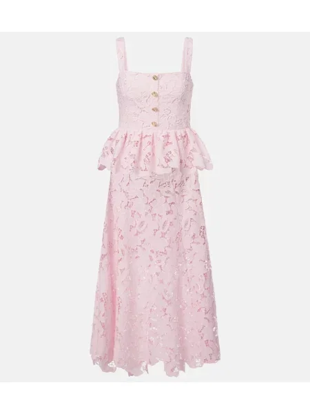 Sukienka midi Self-portrait z baskinką koronkowa do kolan różowa