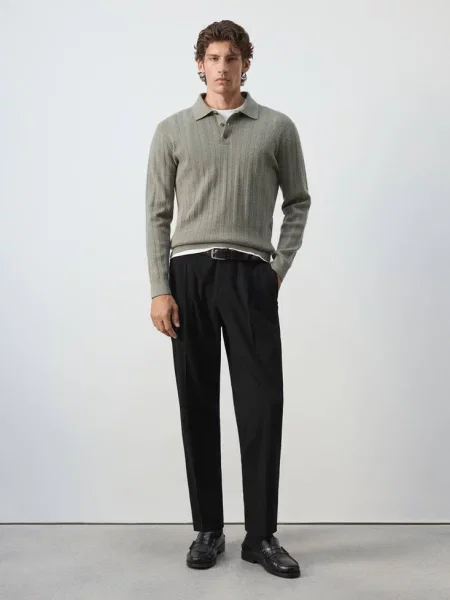 Sweter polo z dzianiny z teksturą pastelowa zieleń Mężczyzna XL MANGO MAN