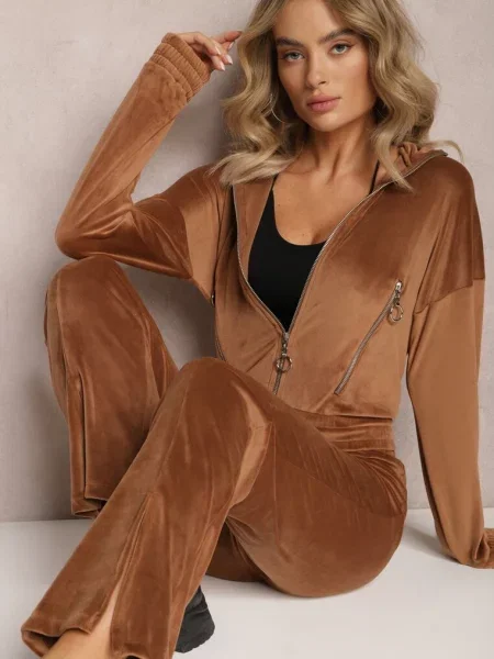 Welurowy Komplet Dresowy z Bluzą i Spodniami Lunamea brązowy