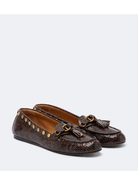 Pantofi loafer Isabel Marant din piele cu tepi cu model piele de șarpe maro
