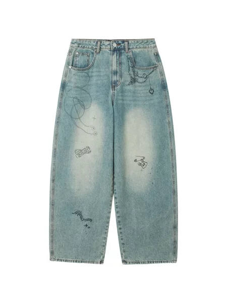 Blugi cu picior larg Mini Cream cu imagine albastru