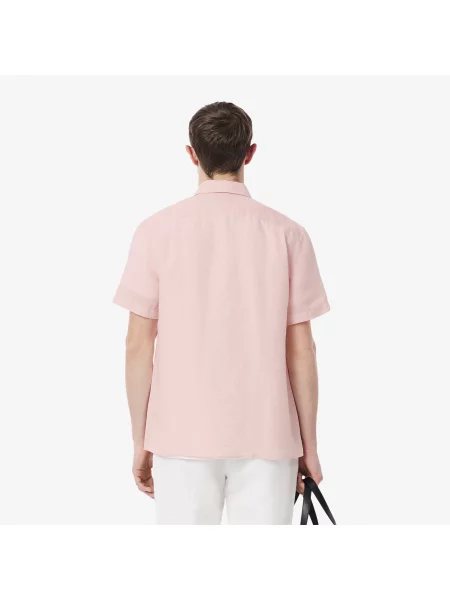 Lacoste Lniana Koszula Z Krótkim Rękawem różowa