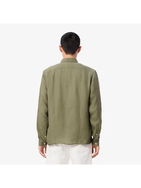 Lacoste Lniana Koszula Button-Down Regular Fit Khaki zielony