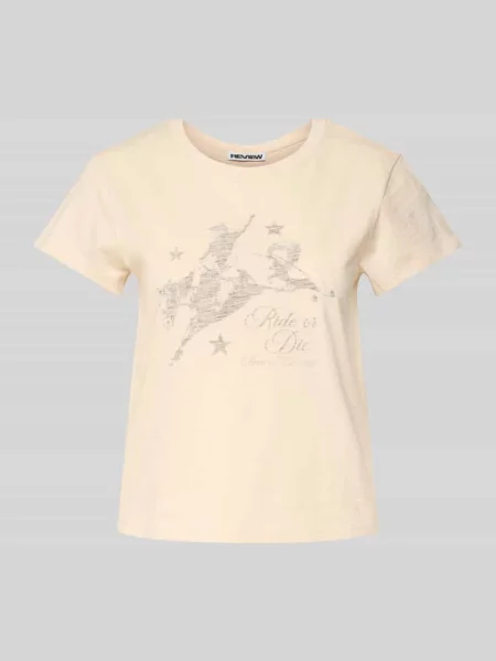 T-shirt z prążkowanym okrągłym dekoltem Review beżowa
