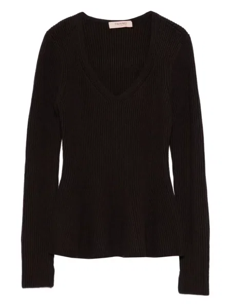 Sweter Twinset z dekoltem w serek prążkowany brązowy