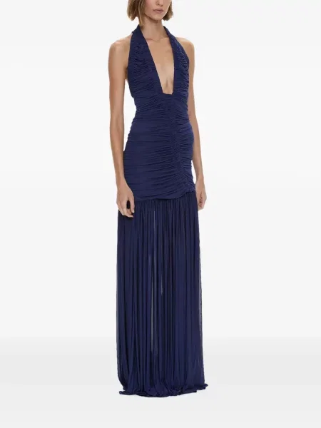 Rochie maxi Christopher Esber cu volane cu gât halter albastru
