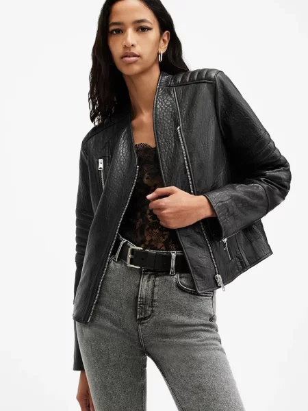 AllSaints geaca de piele CAWLEY femei de tranzitie negru