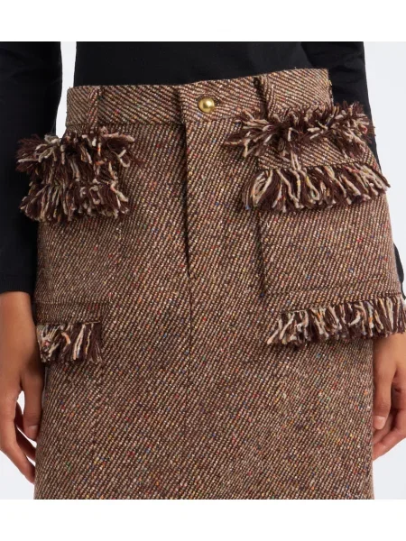 Fustă midi Sacai cu franjuri din tweed maro