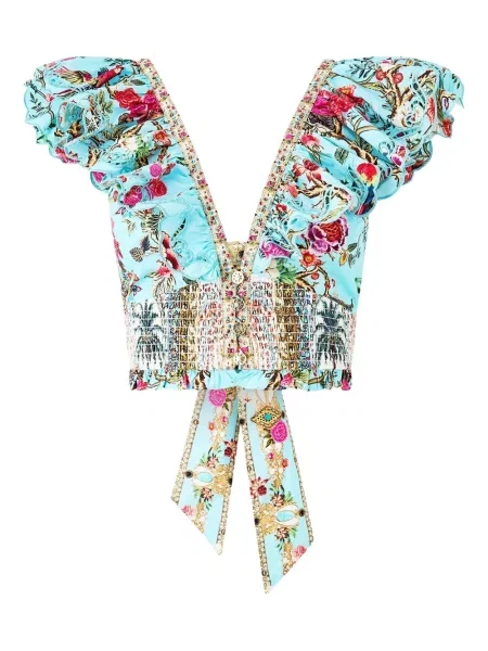 Top Camilla cu decolteu în V scurt albastru