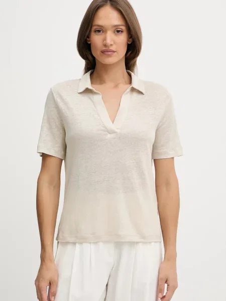 Ленена тениска с яка United Colors of Benetton дамска бежово