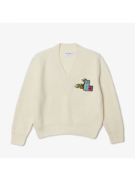 Lacoste Sweter Świąteczny Z Wełnianym Dekoltem W Serek Lacoste