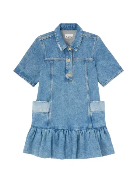 Rochie din denim Ganni cu volane albastru