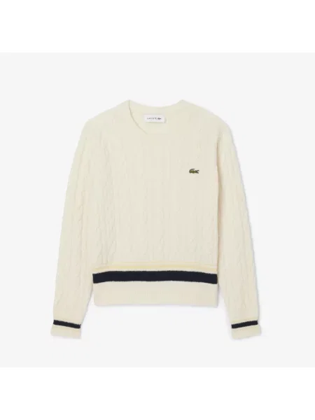Lacoste Wełniany Sweter Ze Splotem Warkoczowym beżowy
