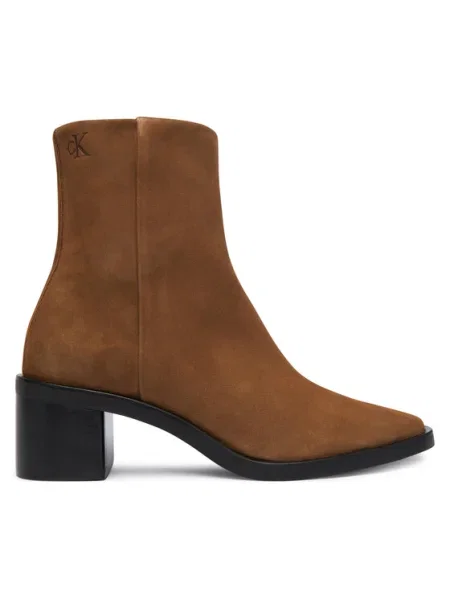 Велурени боти Calvin Klein BLOCK HEEL ZIP BOOT SUE с дебел кафяво