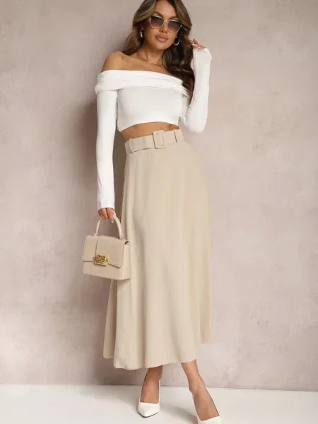 Jasnobeżowa Rozkloszowana Spódnica Maxi z i Klamrą Adlirca beżowa