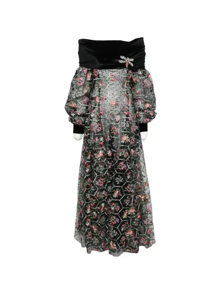 Haftowana sukienka maxi Miau By Clara Rotescu w kwiatki garniturowa czarna