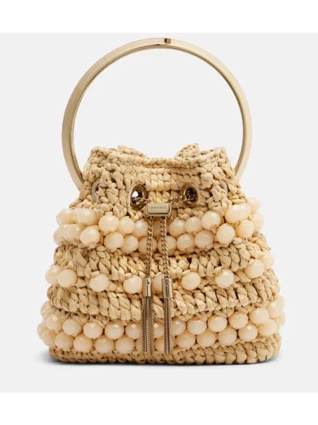 Geantă bucket Jimmy Choo cu mărgele bej