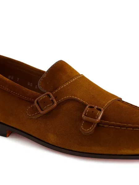 Pantofi loafer Santoni din piele de căprioară cu cataramă maro