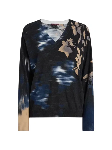 Pulover High cu model floral cu imagine cu decolteu în V albastru