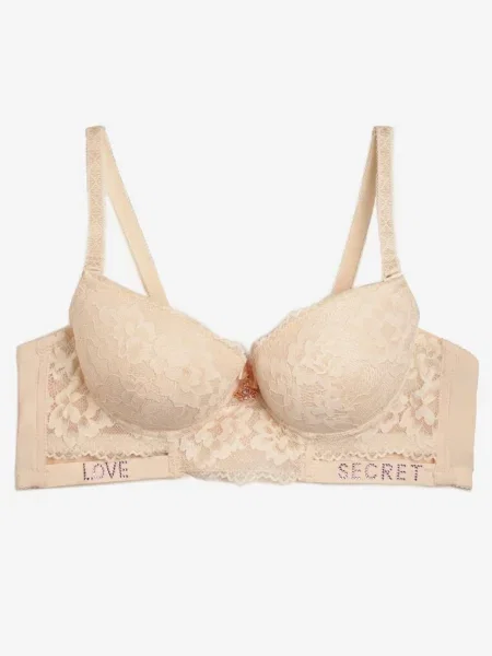 Sutien push-up deschis cu dantelă și paiete Elisei bej