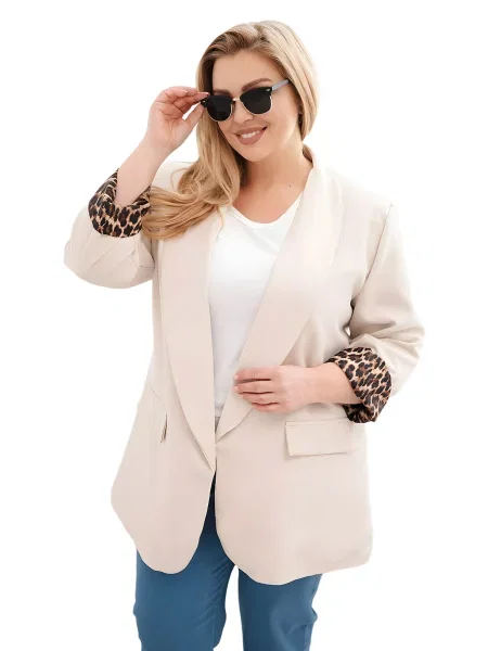 Kesi ženské plus size sako s leopardou podšívkou béžová