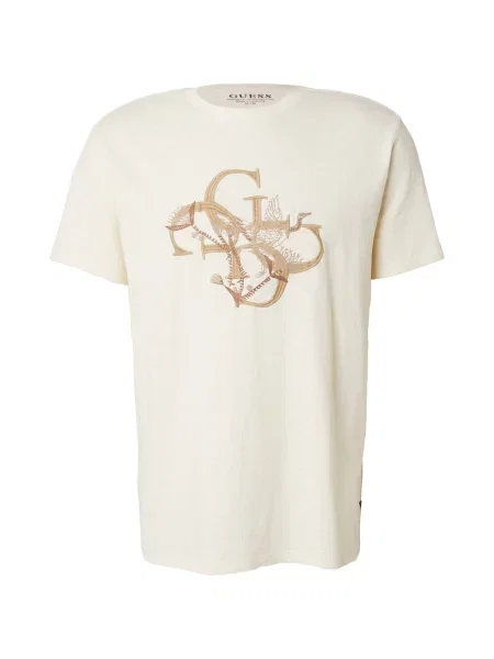 GUESS Tricou CRAFTED BIRD bej / bej închis alb