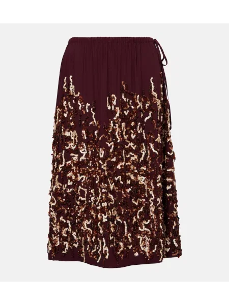 Fustă midi Dries Van Noten de mătase până la genunchi bordo