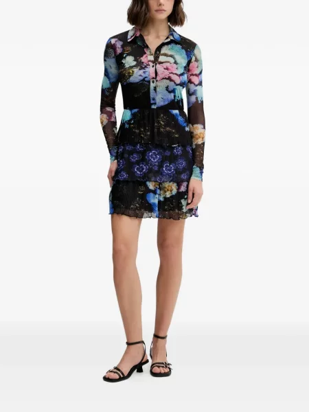 Rochie mini Desigual cu model floral plisată de costum negru