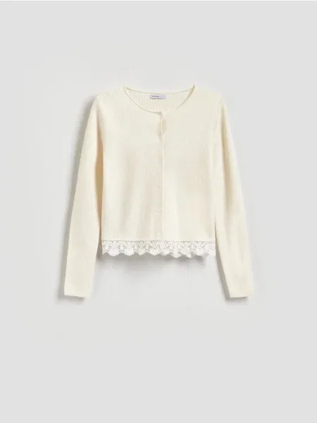 Reserved Kardigan z koronką kremowy