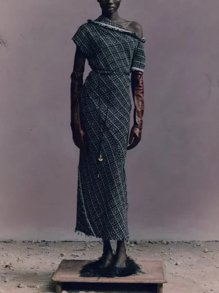 Rochie maxi Erdem asimetrică din tweed negru