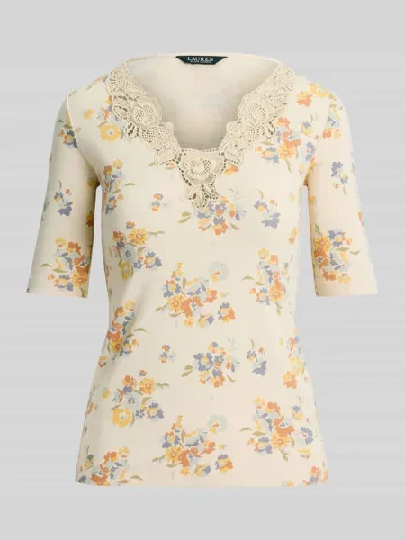 T-shirt o kroju slim fit z mieszanka bawełny z obszycie koronką Lauren Ralph Lauren