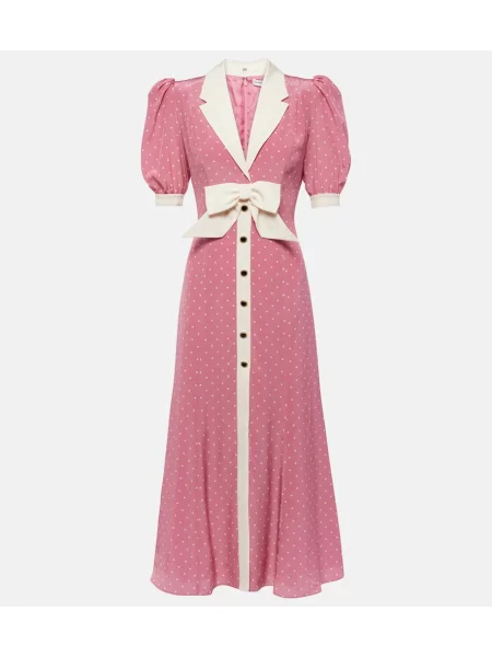 Jedwabna sukienka maxi Alessandra Rich z kokardką w grochy różowa
