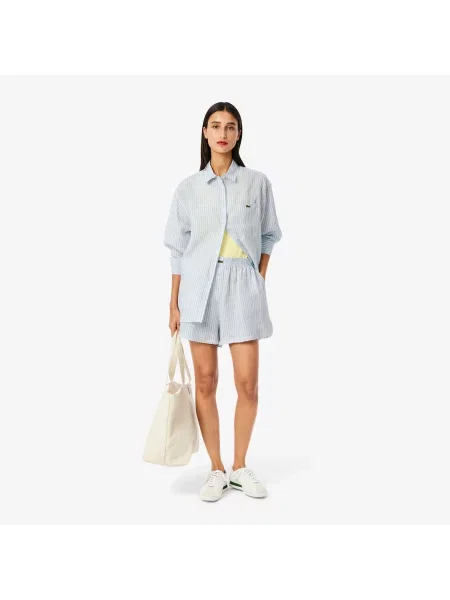 Lacoste Oversizowa Lniana Koszula W Paski niebieska