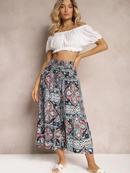 Spodnie Kuloty z Bawełny High Waist z Gumką w Pasie Palovia granatowe