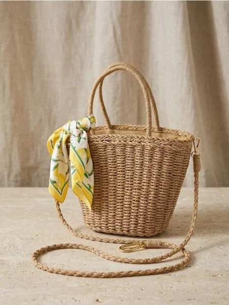 Плетена сумка з декоративною хусткою бежевий