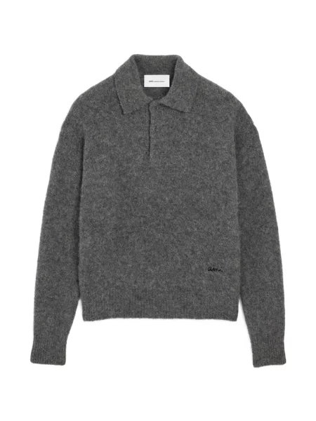 Tricou polo Ami Paris cu broderie de lână gri