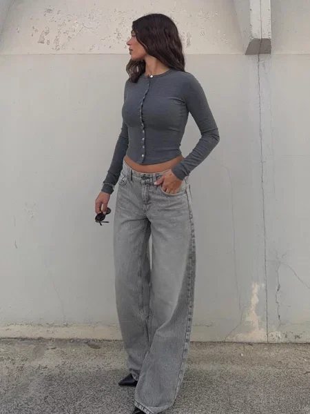 Bershka Jeansy Boyfriend Z Niskim Stanem Kobieta 42 szary