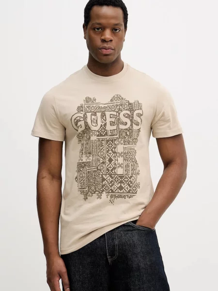 Тениска Guess с десен бежово