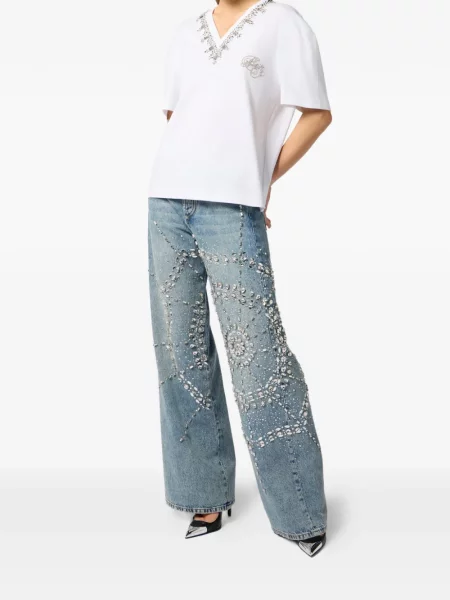 Tricou Philipp Plein cu broderie cu decolteu în V alb