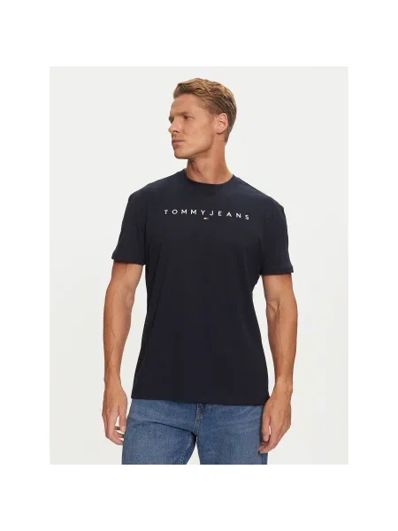 Tommy Jeans Póló Linear Logo Regular Fit sötétkék