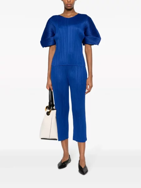 Plisuoti kelnės Pleats Please Issey Miyake apkarpytas mėlyna