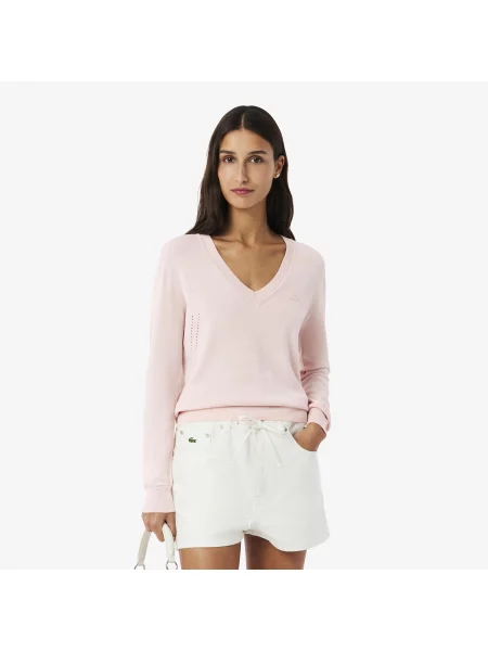 Lacoste Bezszwowy Sweter Z Dzianiny Z Dekoltem W Serek różowy