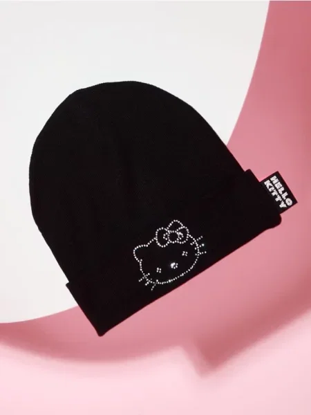 Sinsay Žebrovaná čepice s aplikací z kamínků Hello Kitty černá