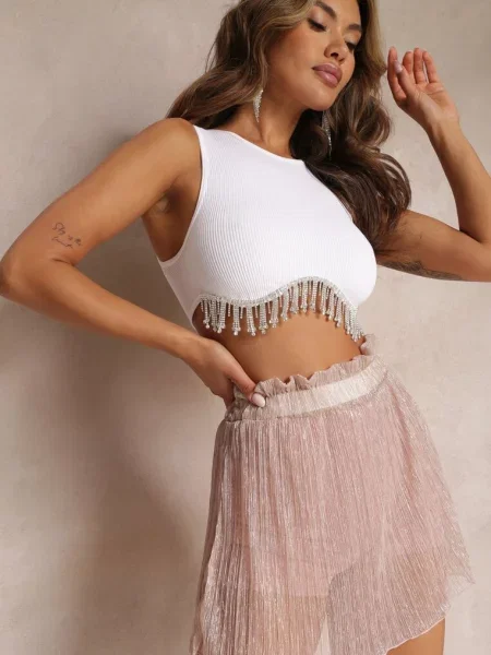 Spódnica Mini z Siateczki i Metaliczną Nitką Siuze różowa