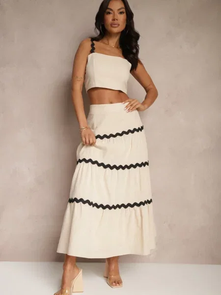 Komplet z Bawełny Top na Ramiączkach i Spódnica Janoria beżowy